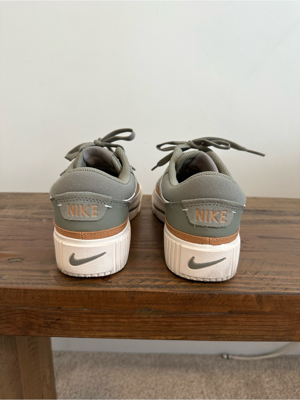 Nike Olive Green Low-Top Sneakers with White Swoosh and Tan Accent - Picture 2 of 4